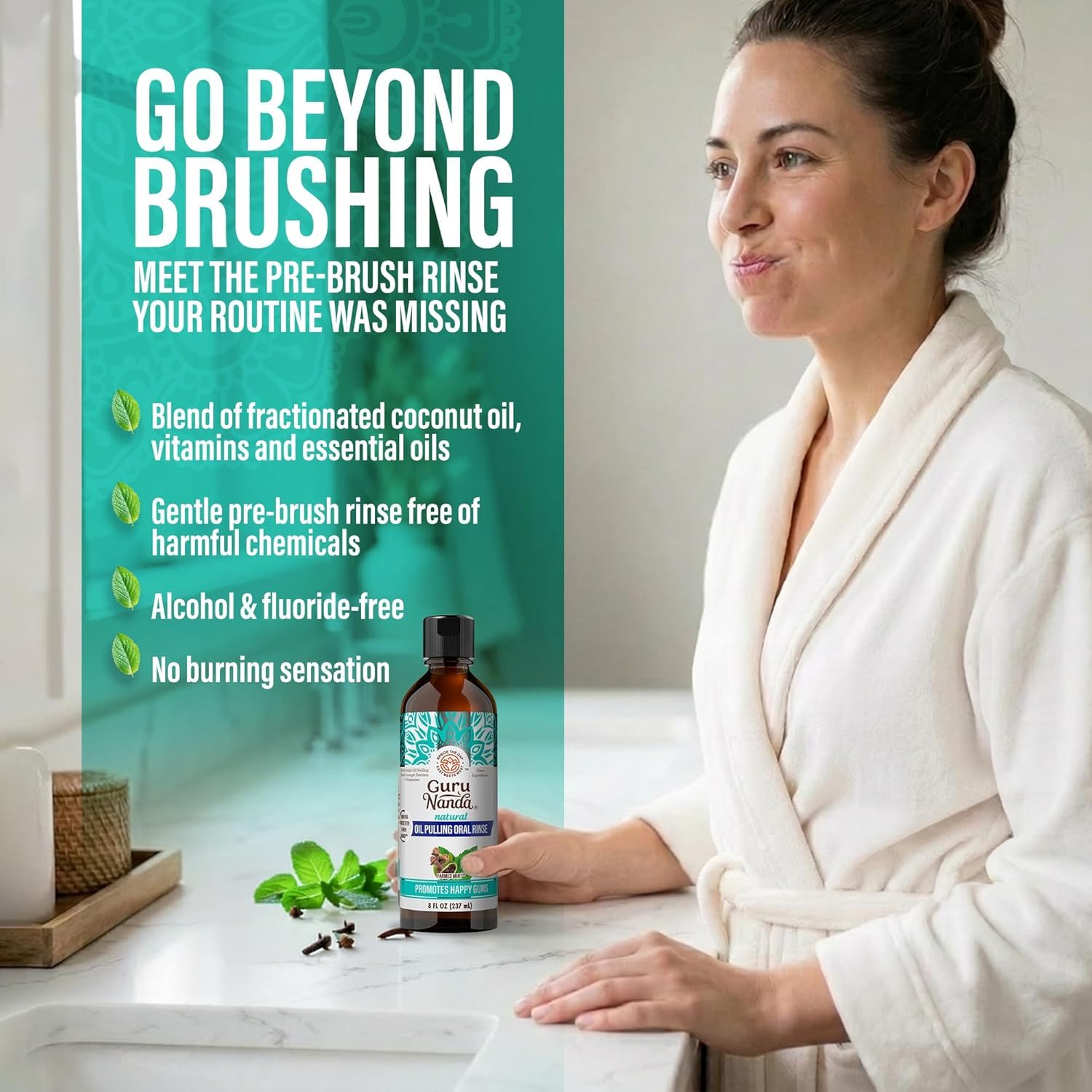 Measuring cup for accurate 10–15 ml doses of CocoMint oil pulling.
