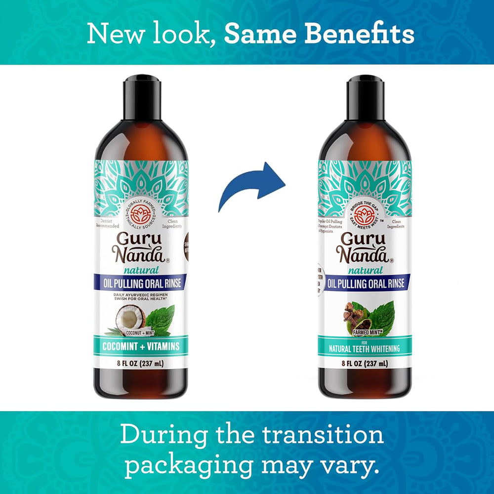 GuruNanda CocoMint oil pulling set packaging shows triple bottles for daily use.
