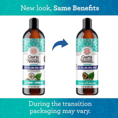 GuruNanda CocoMint oil pulling set packaging shows triple bottles for daily use.