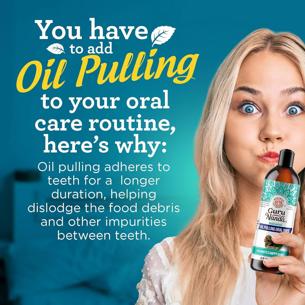 Tea tree oil highlight in GuruNanda CocoMint oil pulling with calming aroma.