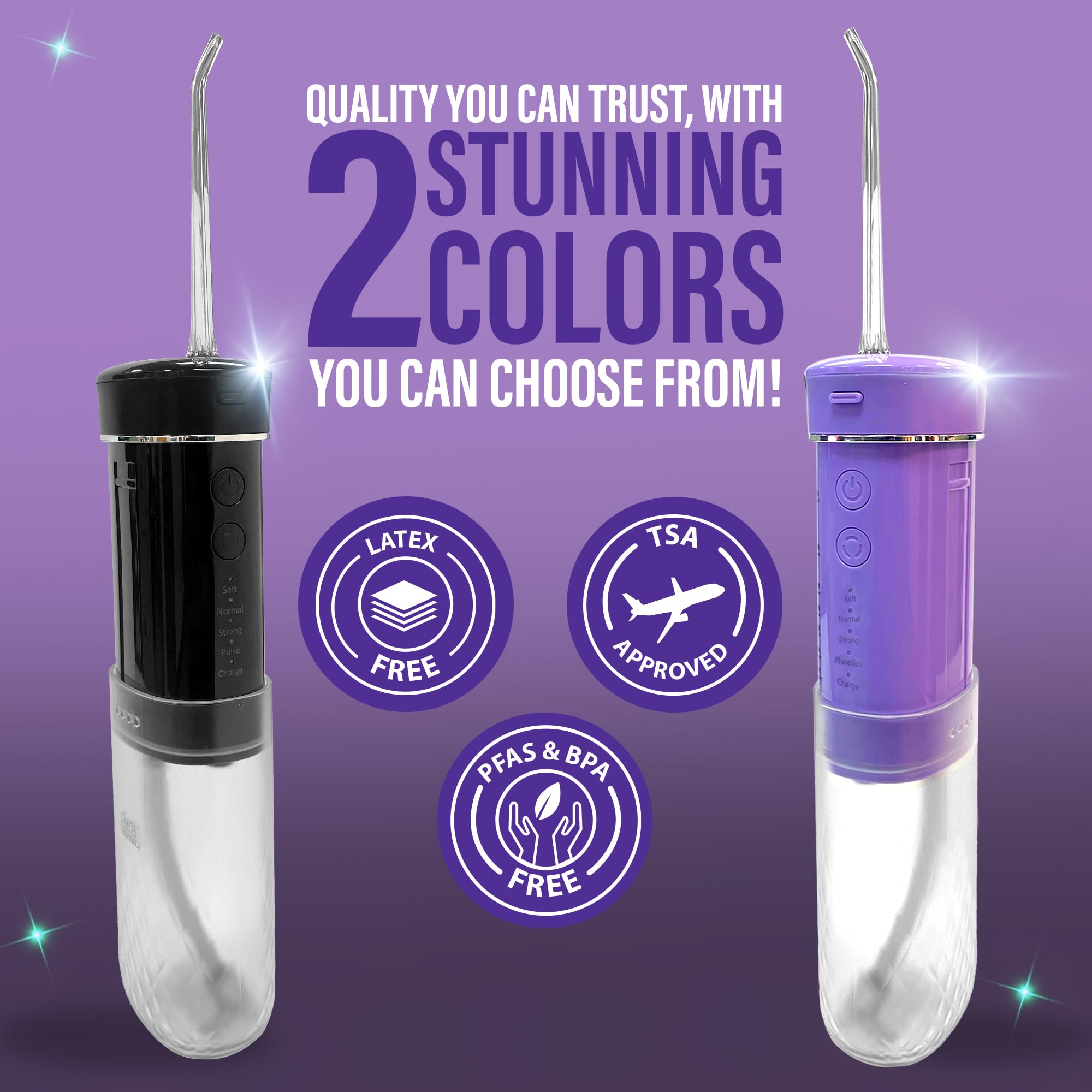 GuruNanda compact flosser fits into travel bag easily.