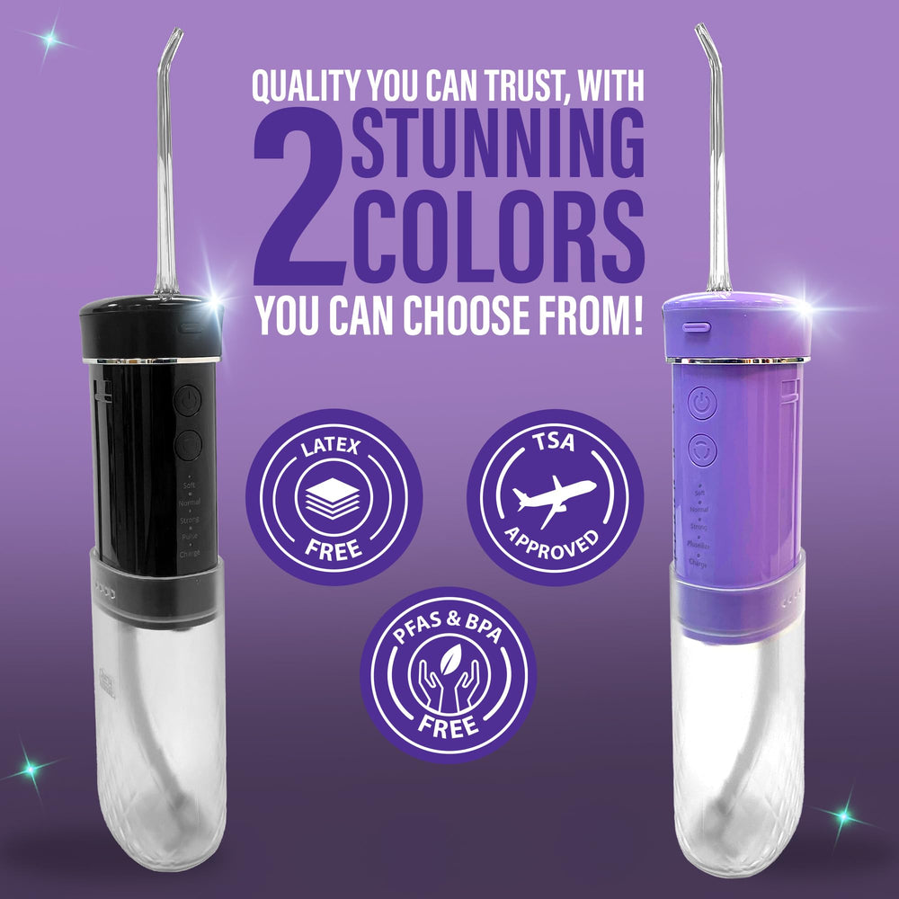 GuruNanda compact flosser fits into travel bag easily.
