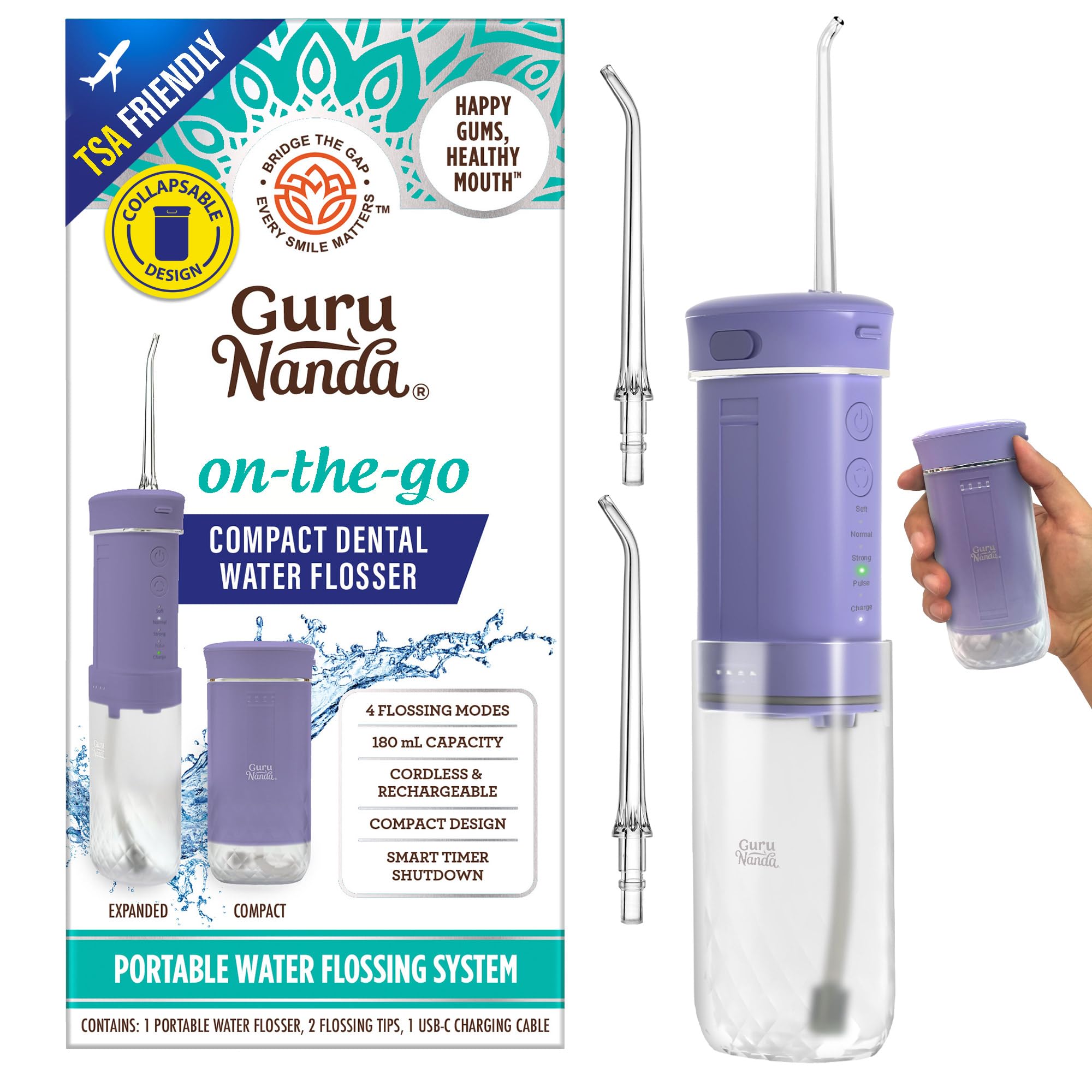 GuruNanda compact water flosser held in hand for on-the-go convenience