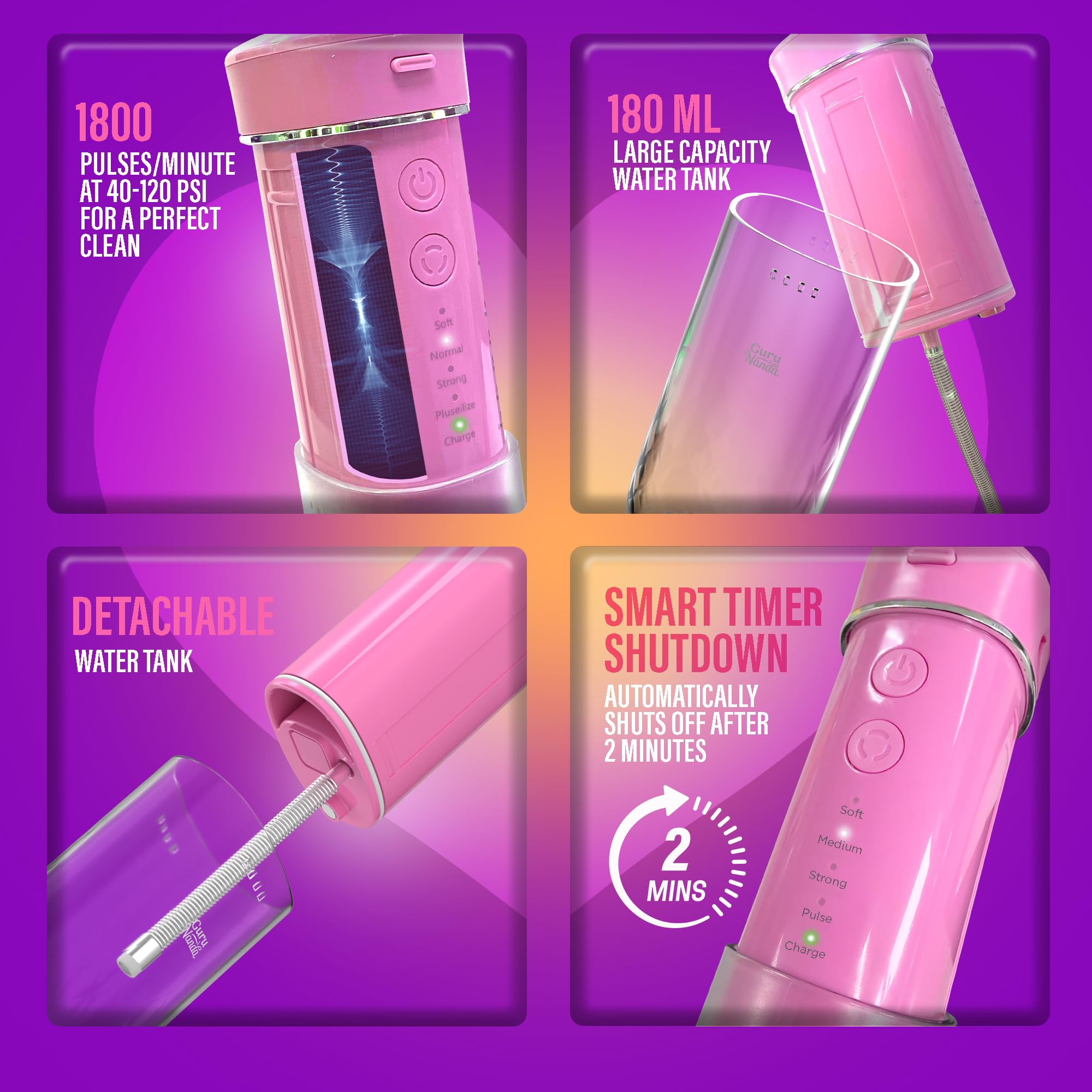 GuruNanda pink flosser cordless and rechargeable for travel