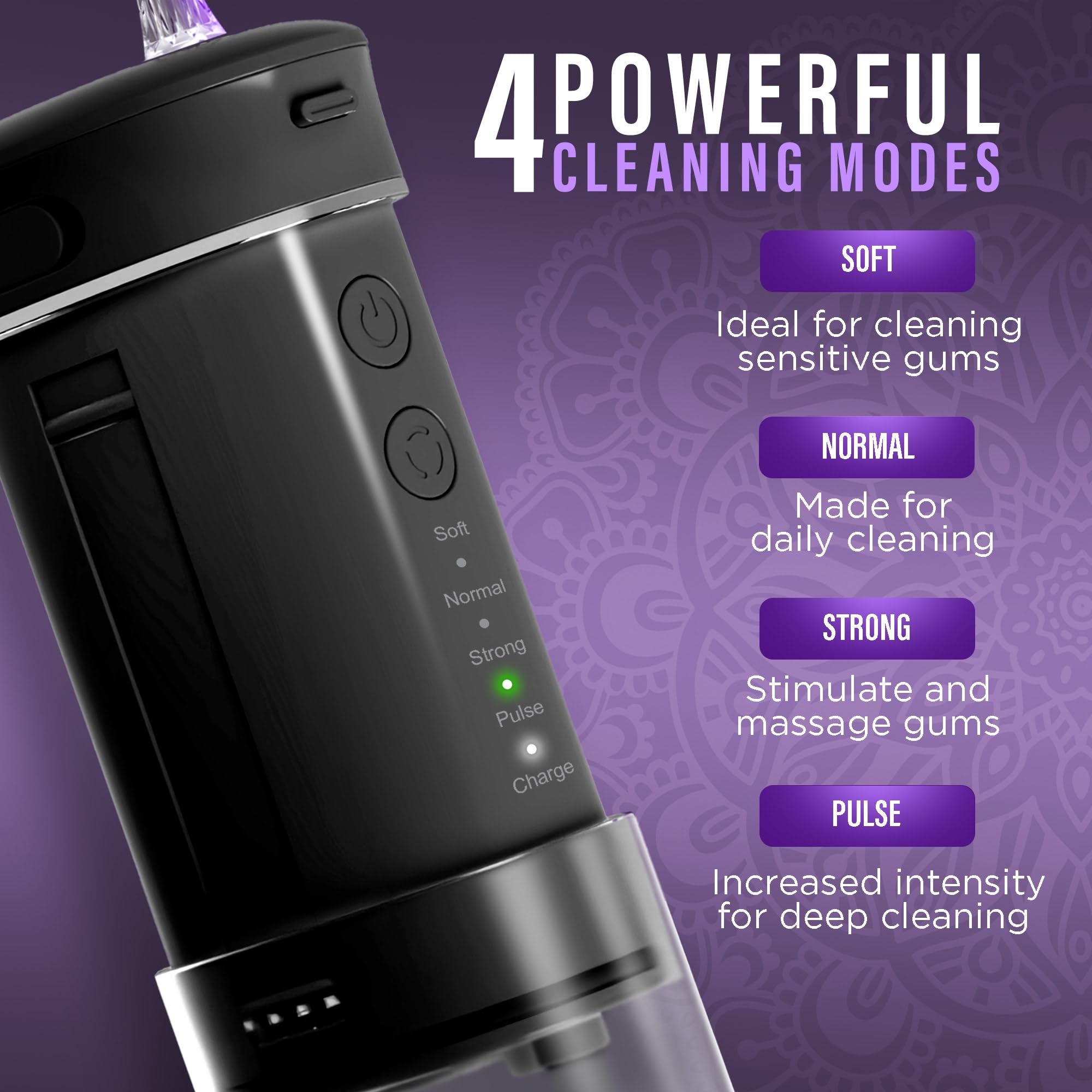 GuruNanda cordless rechargeable flosser for home and travel use.