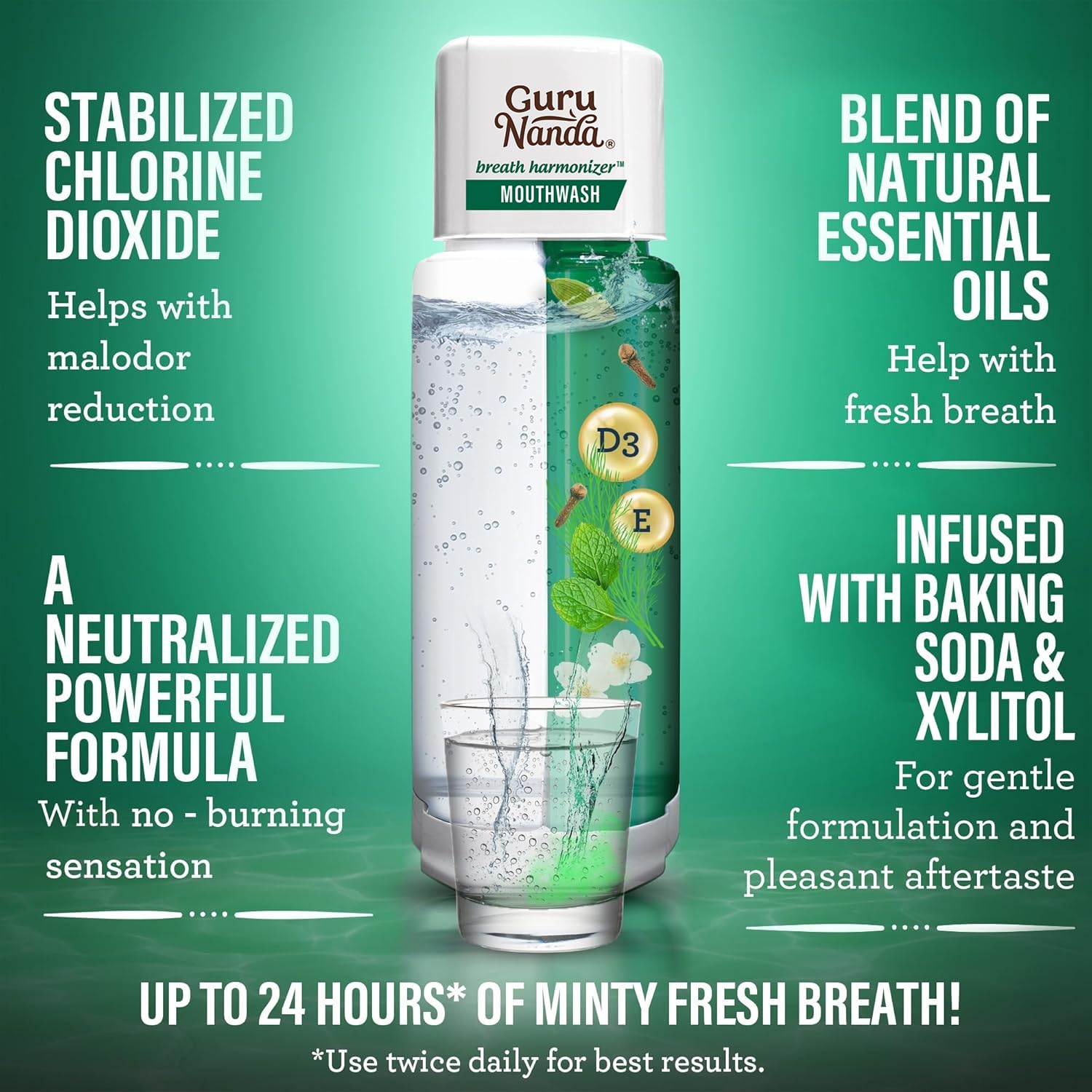 GuruNanda essential oils blend, including mint and cardamom, for freshness.