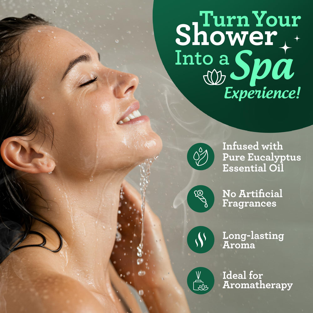 GuruNanda eucalyptus vapor tablet dissolving in shower releasing refreshing aroma