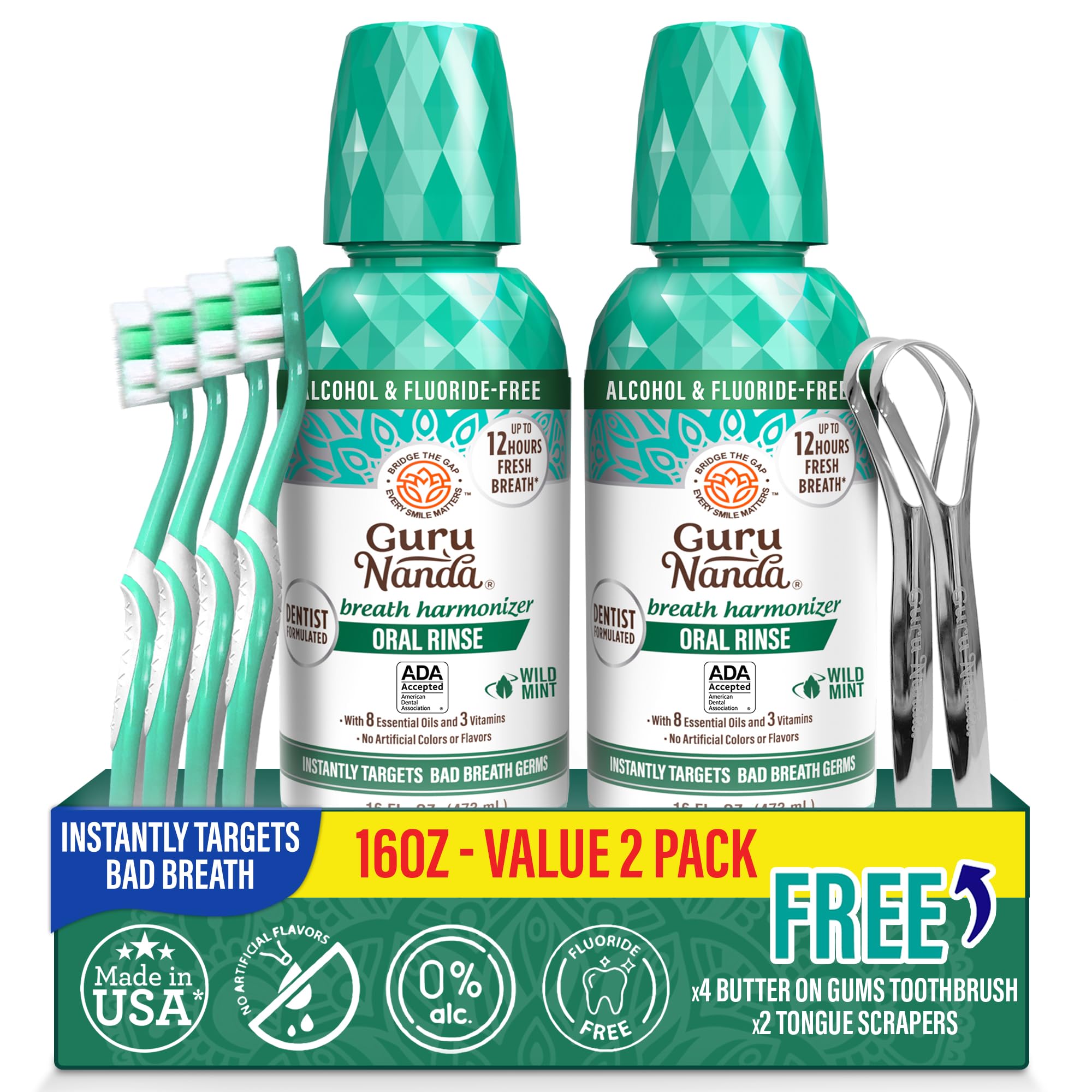 GuruNanda Fresh Breath Mouthwash bottle for daily long-lasting freshness.