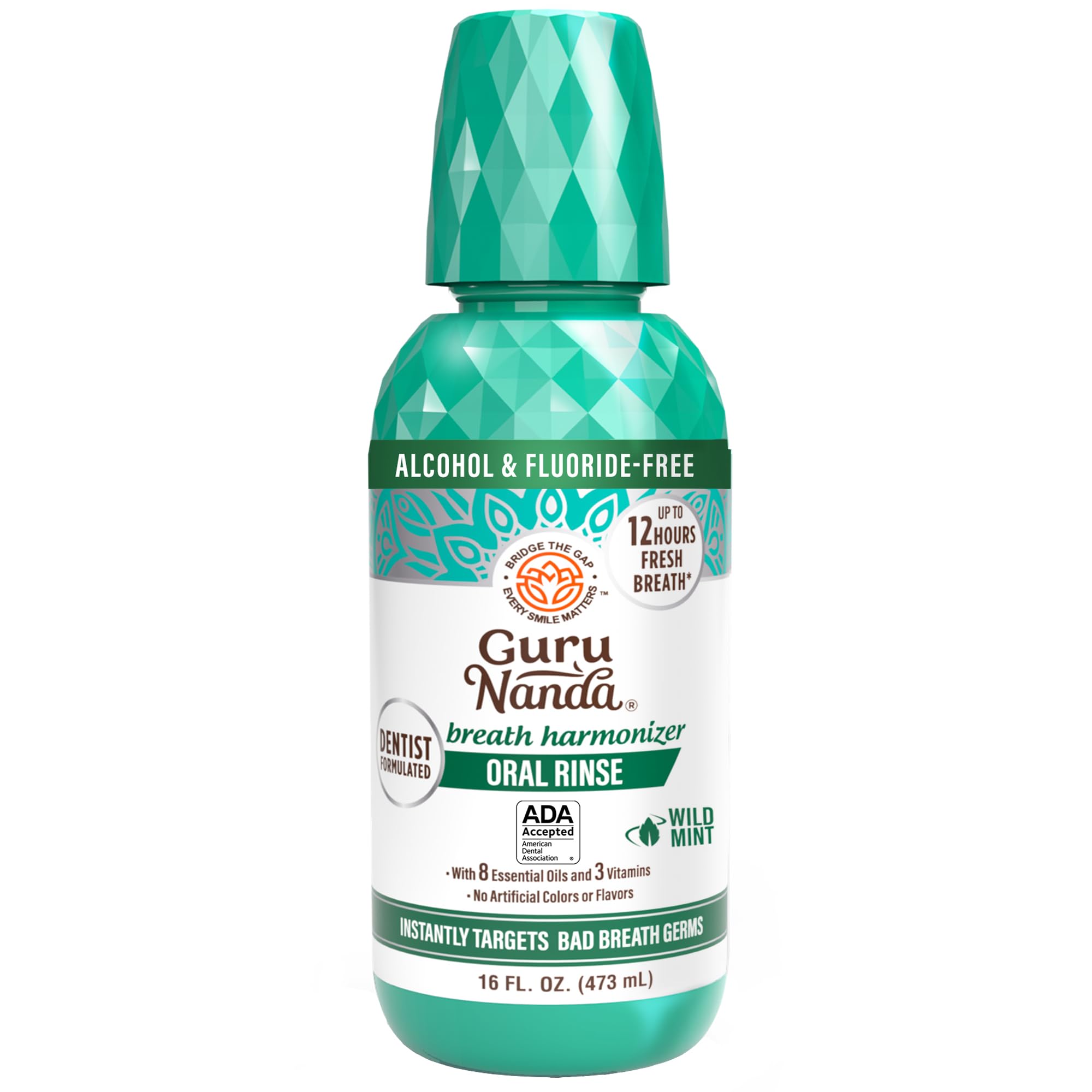 GuruNanda Fresh Breath Mouthwash bottle highlights long-lasting freshness.