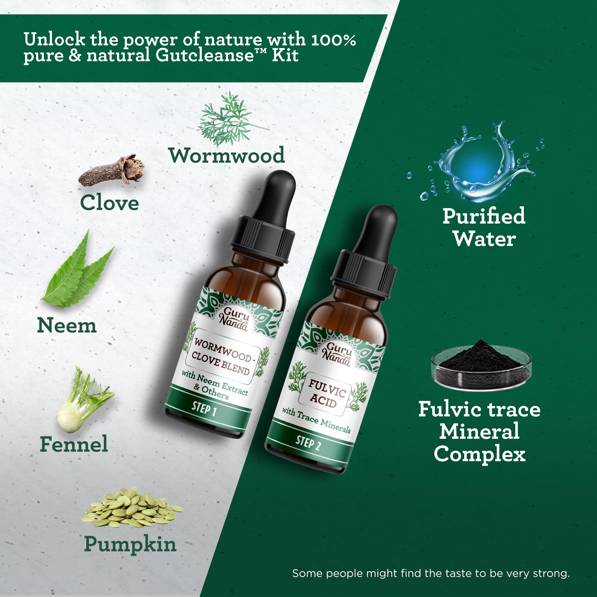 GuruNanda Wormwood and Clove Blend dropper bottle for taste-safe dosing.
