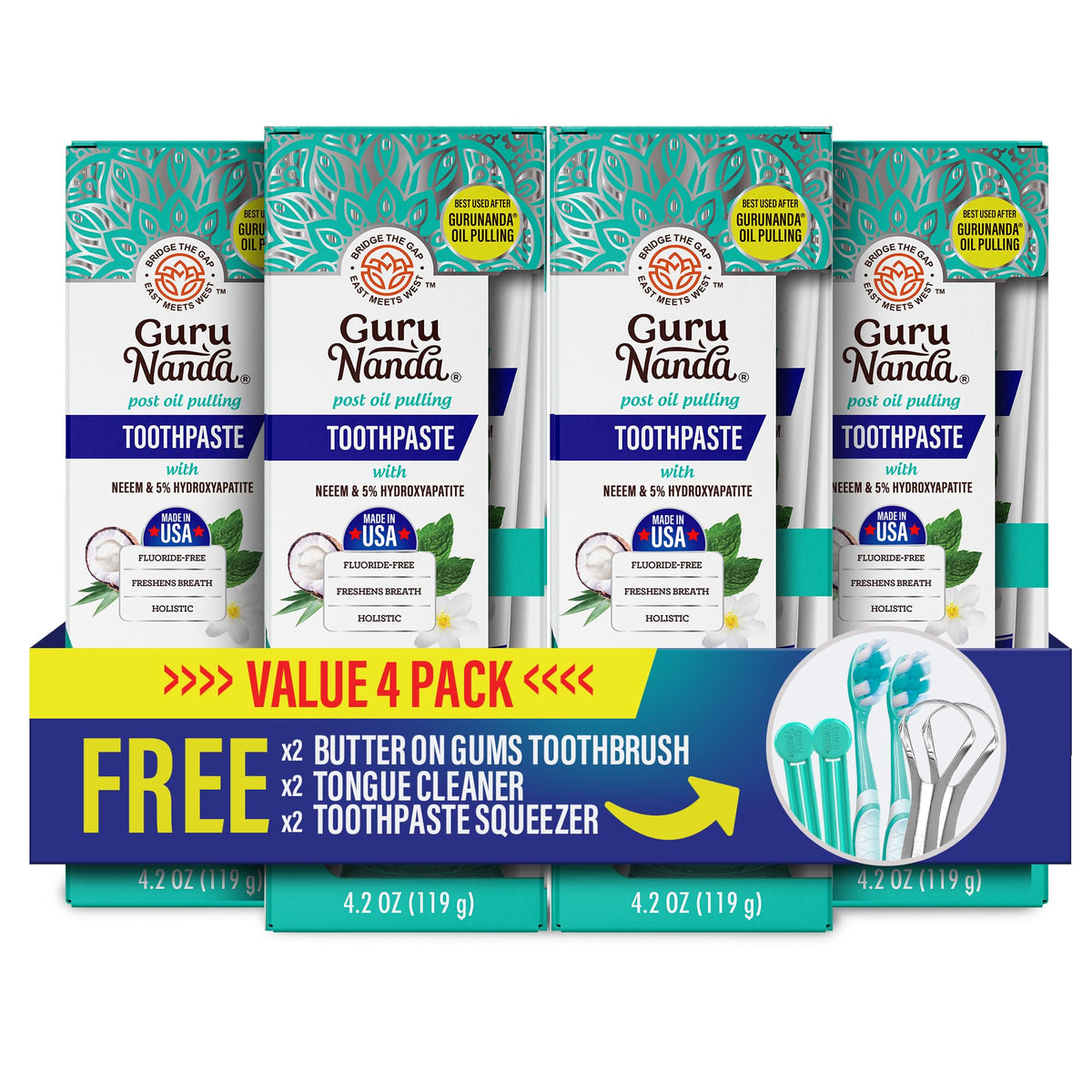 GuruNanda hydroxyapatite toothpaste pack for enamel support and fresh breath.