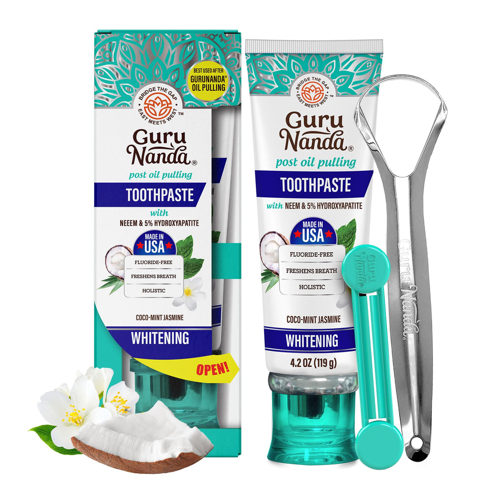 GuruNanda toothpaste-tube highlighting enamel support and whitening potential.