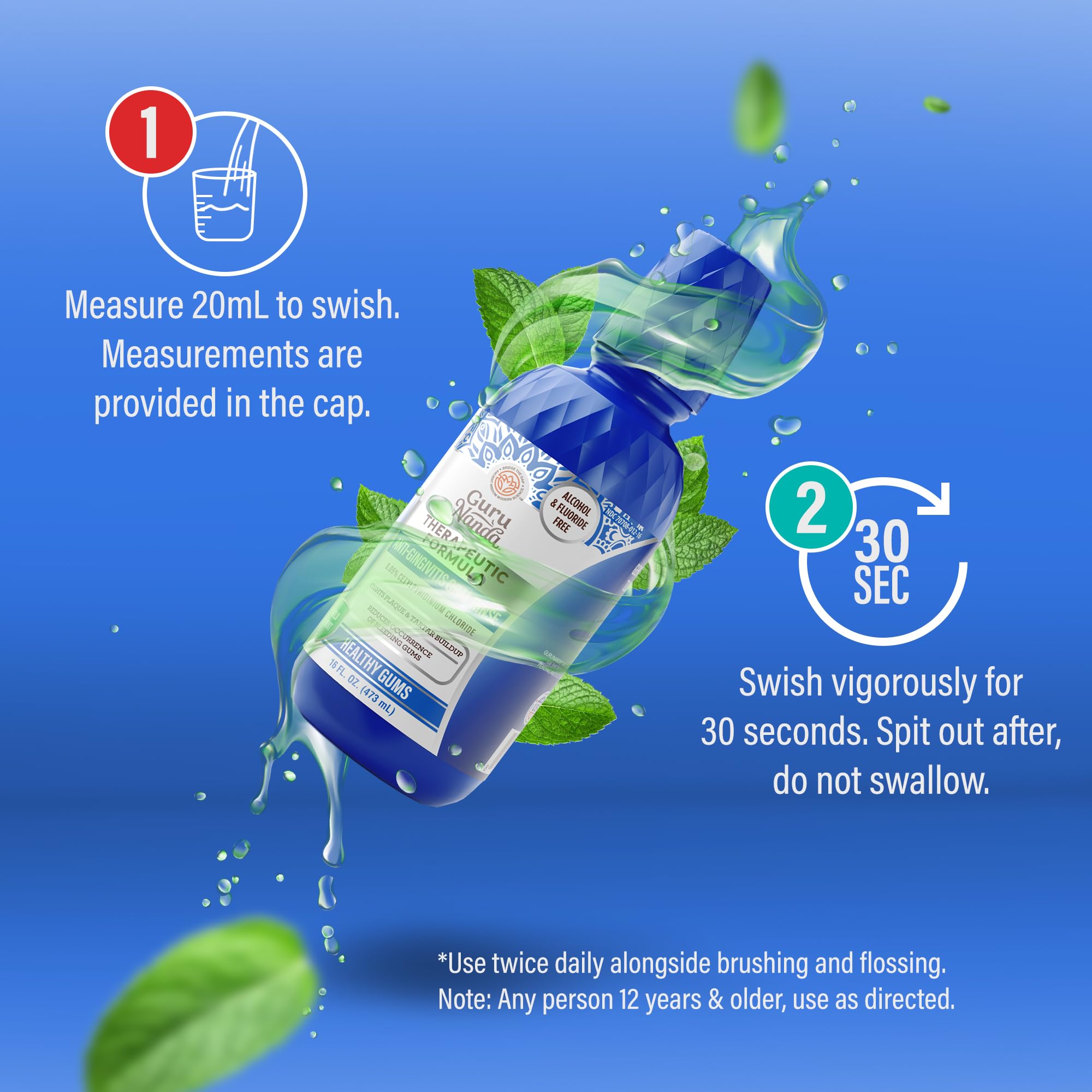 GuruNanda mouthwash cap measurement indicates a 30–60 second rinse guideline.