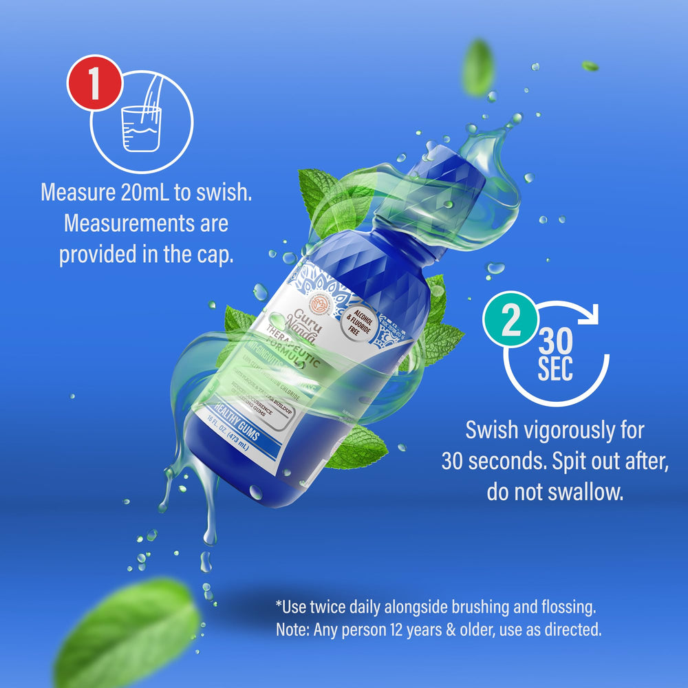 GuruNanda mouthwash cap measurement indicates a 30–60 second rinse guideline.