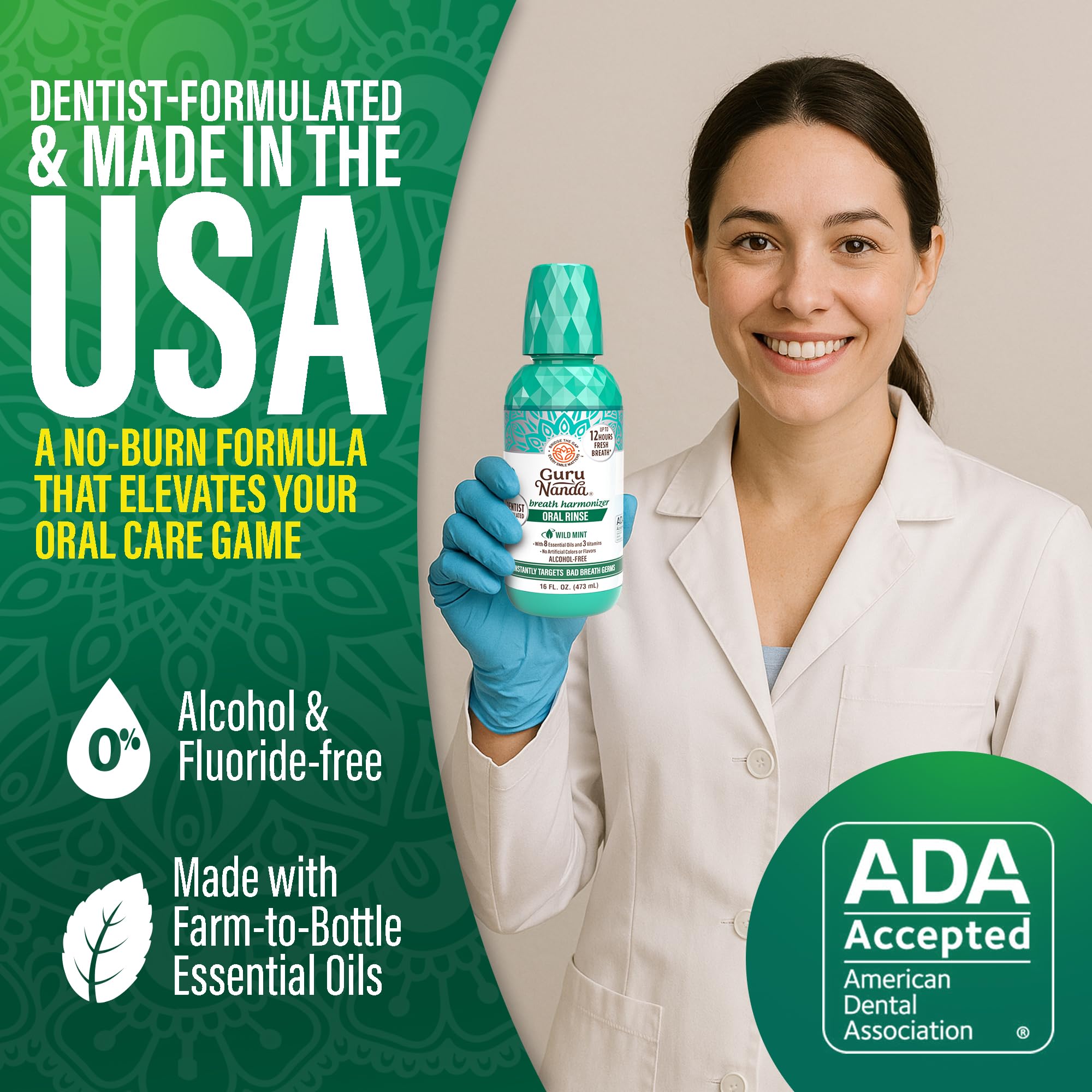 GuruNanda mouthwash pour-cap setup for a quick, easy rinse.