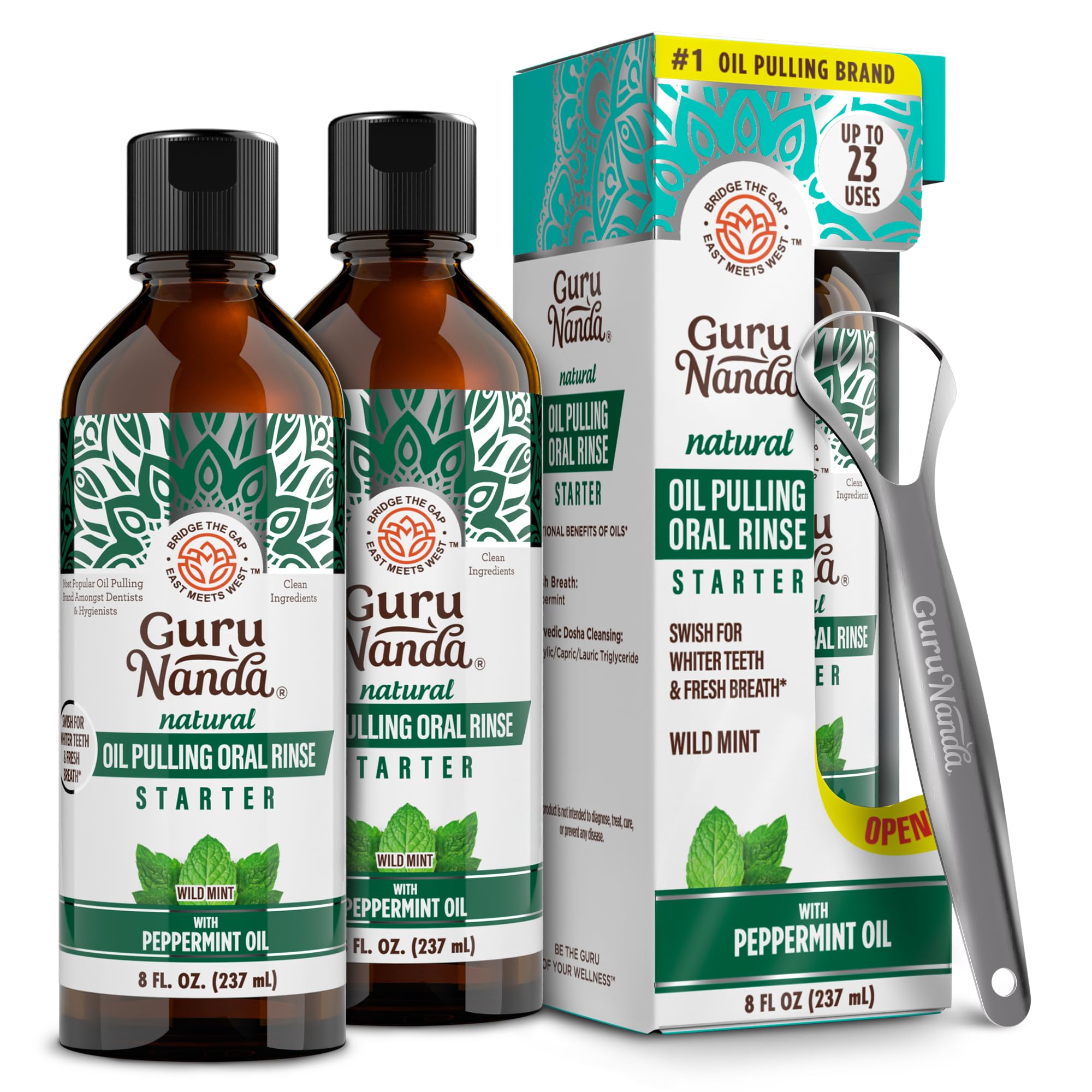 GuruNanda Starter Pulling Oil bottle front view shows two bottles for daily pre-brush refreshment