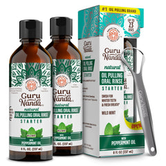 GuruNanda Starter Pulling Oil bottle front view shows two bottles for daily pre-brush refreshment
