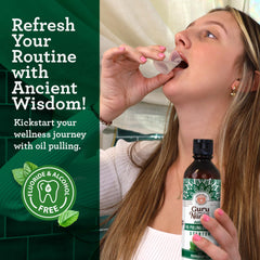 GuruNanda Starter Pulling Oil label closeup emphasizes coconut and peppermint natural ingredients