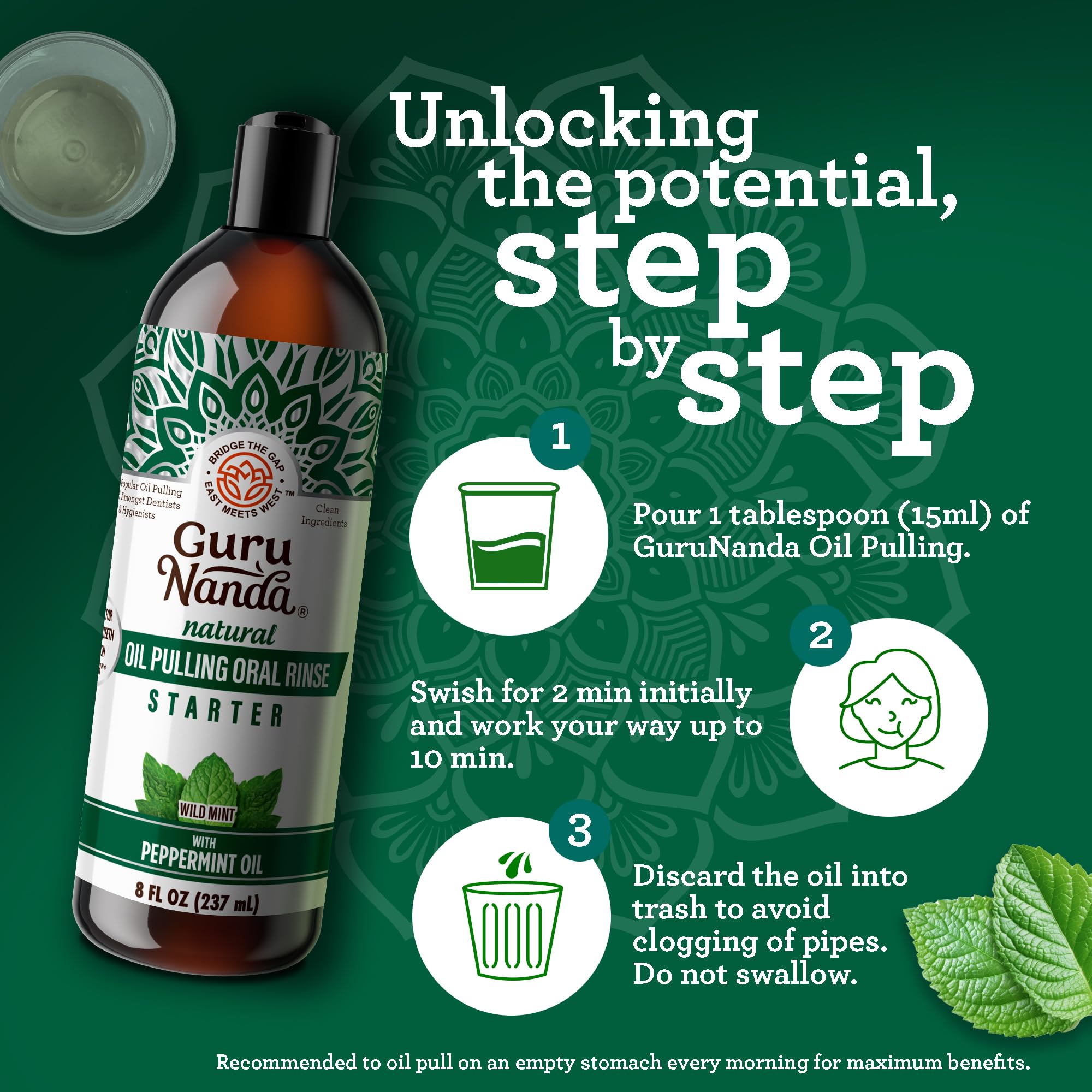 GuruNanda Starter Pulling Oil swirled in glass conveys a refreshing mint aroma and smooth texture
