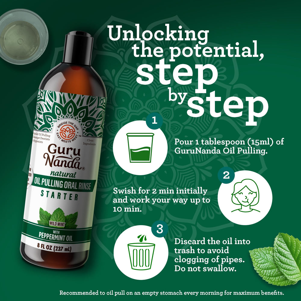 GuruNanda Starter Pulling Oil swirled in glass conveys a refreshing mint aroma and smooth texture