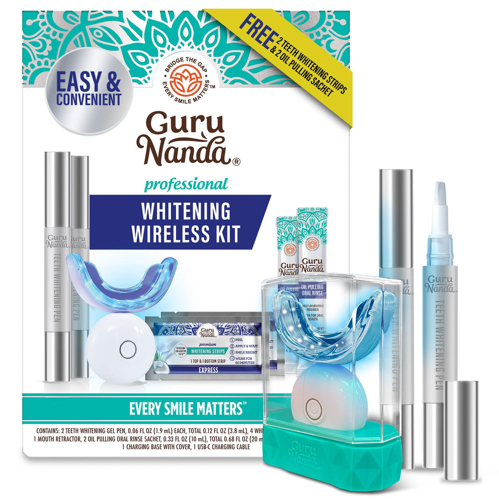 GuruNanda Teeth Whitening Kit with LED light for at-home stain removal and brighter smile.