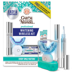 GuruNanda Teeth Whitening Kit with LED light for at-home stain removal and brighter smile.