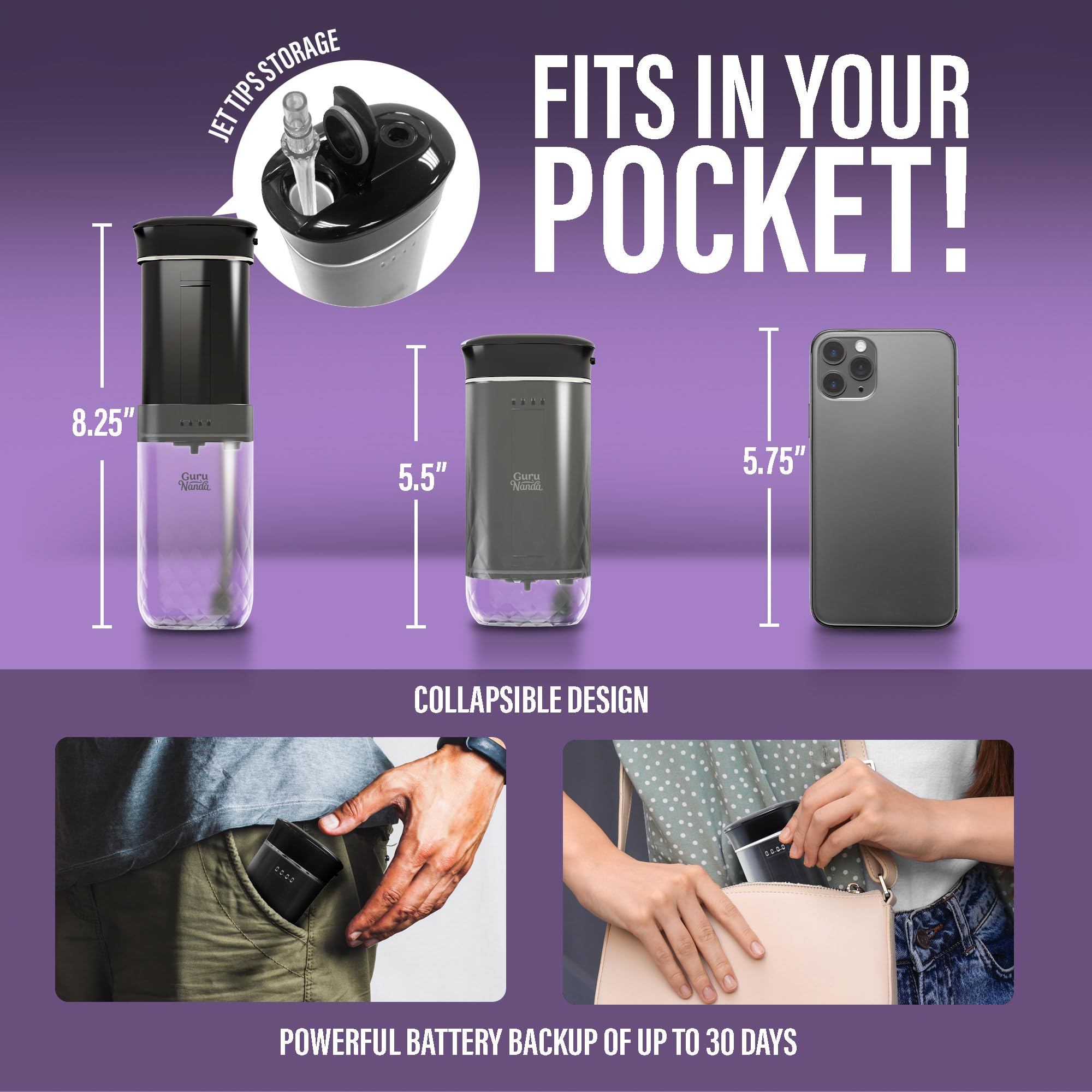 GuruNanda travel-friendly flosser with collapsible tank fits in your bag.