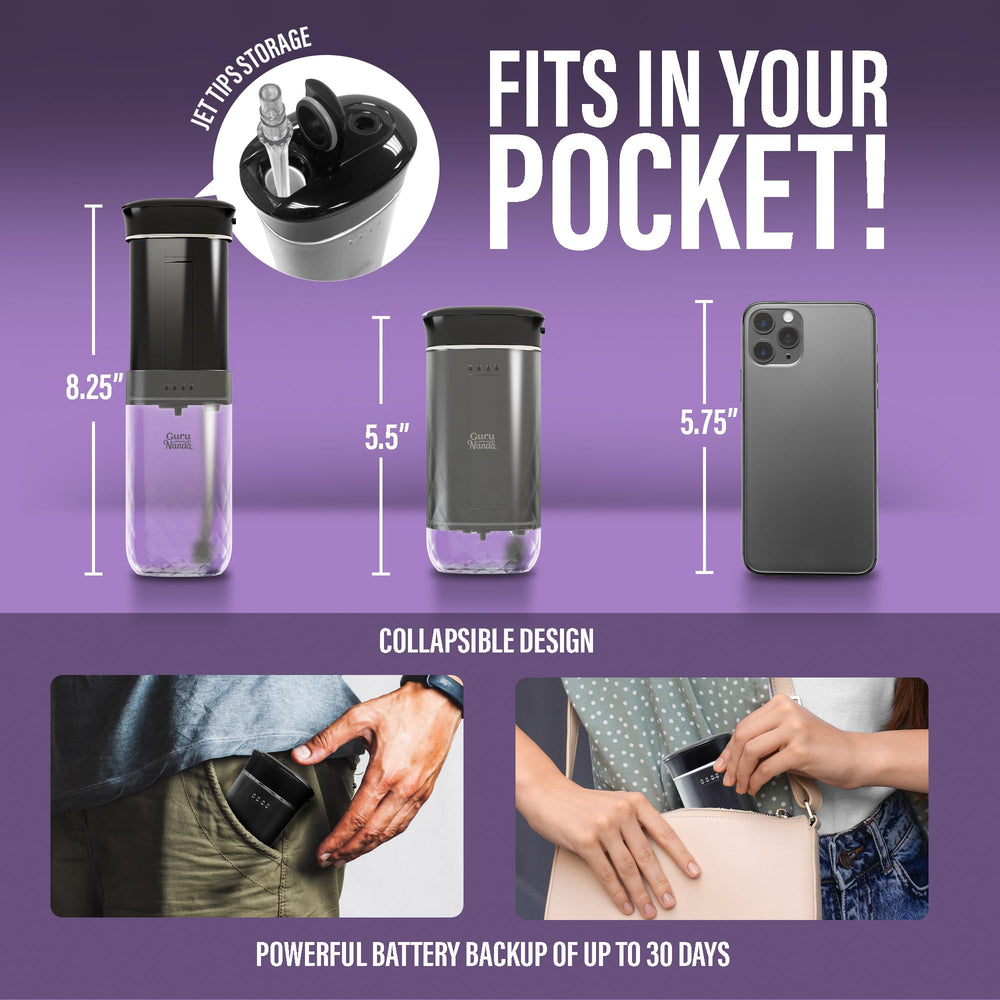 GuruNanda travel-friendly flosser with collapsible tank fits in your bag.