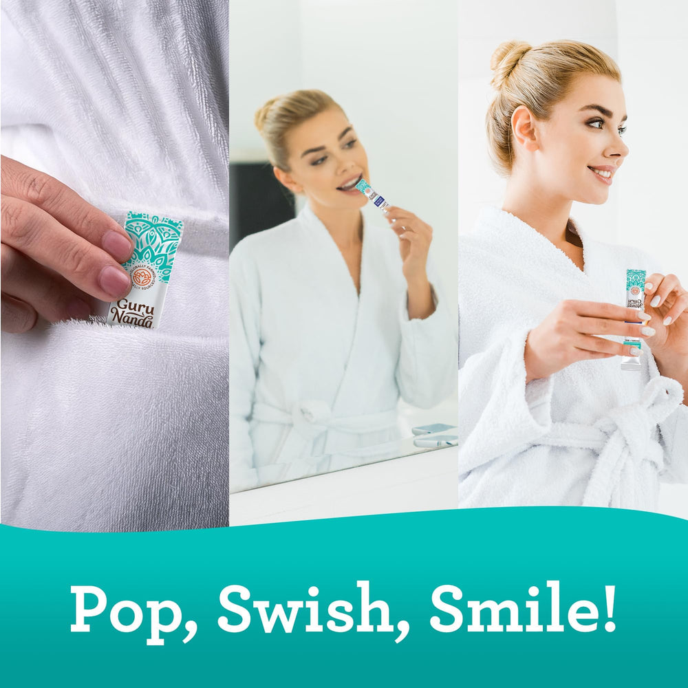 Daily use GuruNanda oil pulling sachets for oral care alongside brushing