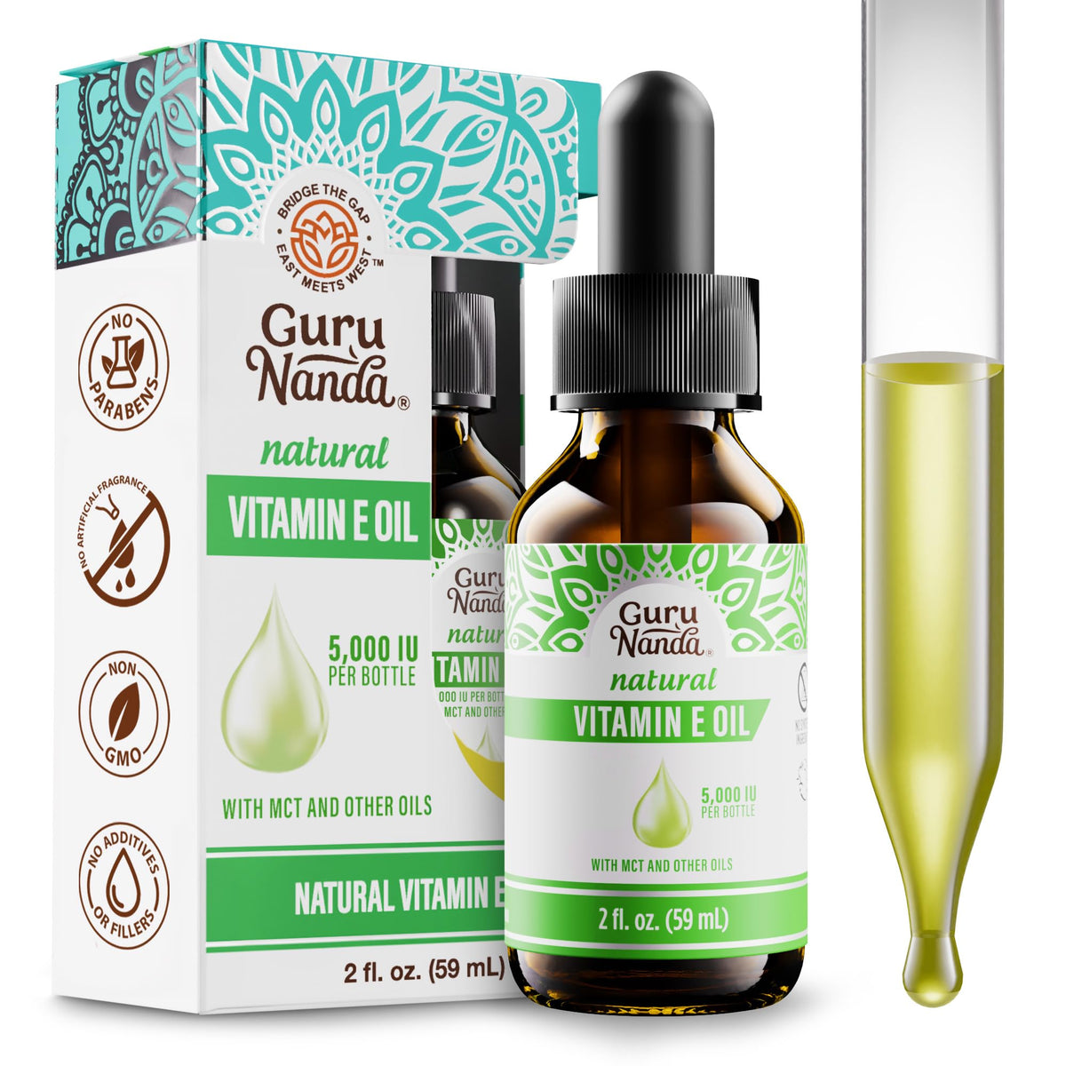 GuruNanda Vitamin E Oil bottle with dropper for skin hydration and absorption