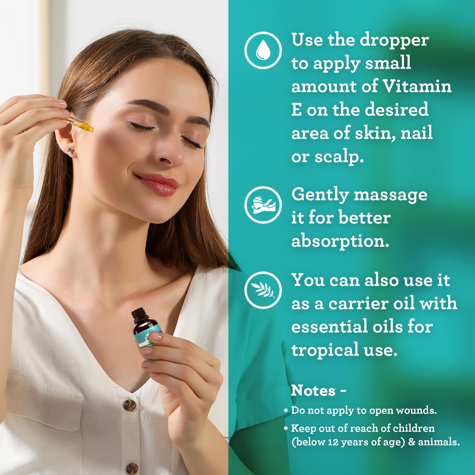 GuruNanda Vitamin E Oil on face for daily hydration without greasiness