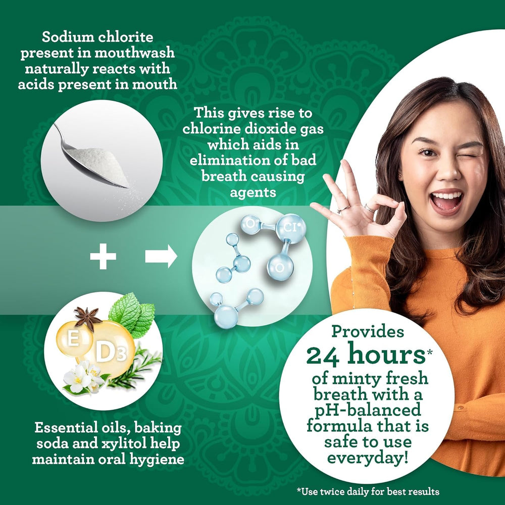 Pouring GuruNanda Wild Mint mouthwash for a refreshing rinse.