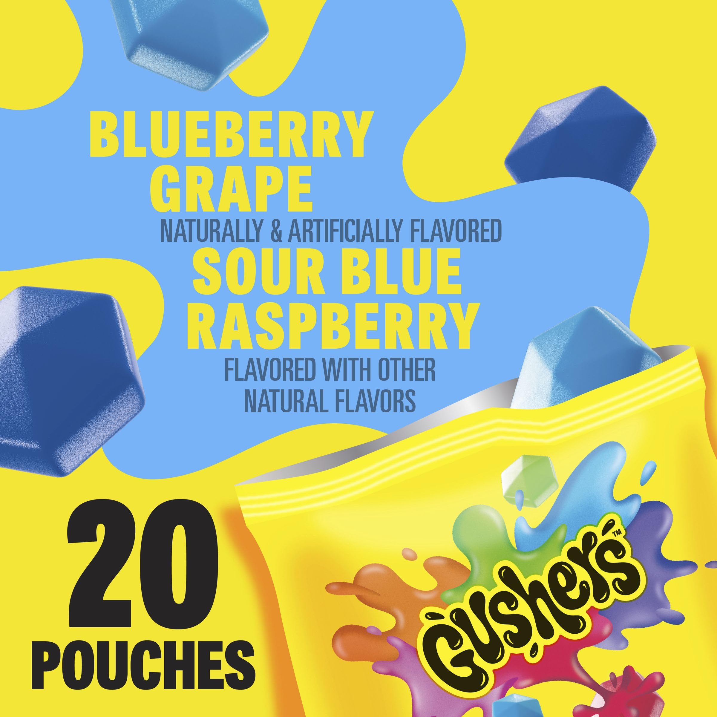 Gushers Blueberry Grape packaging box featuring two flavors