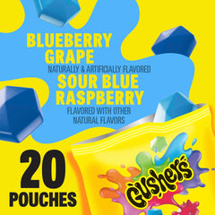 Gushers Blueberry Grape packaging box featuring two flavors