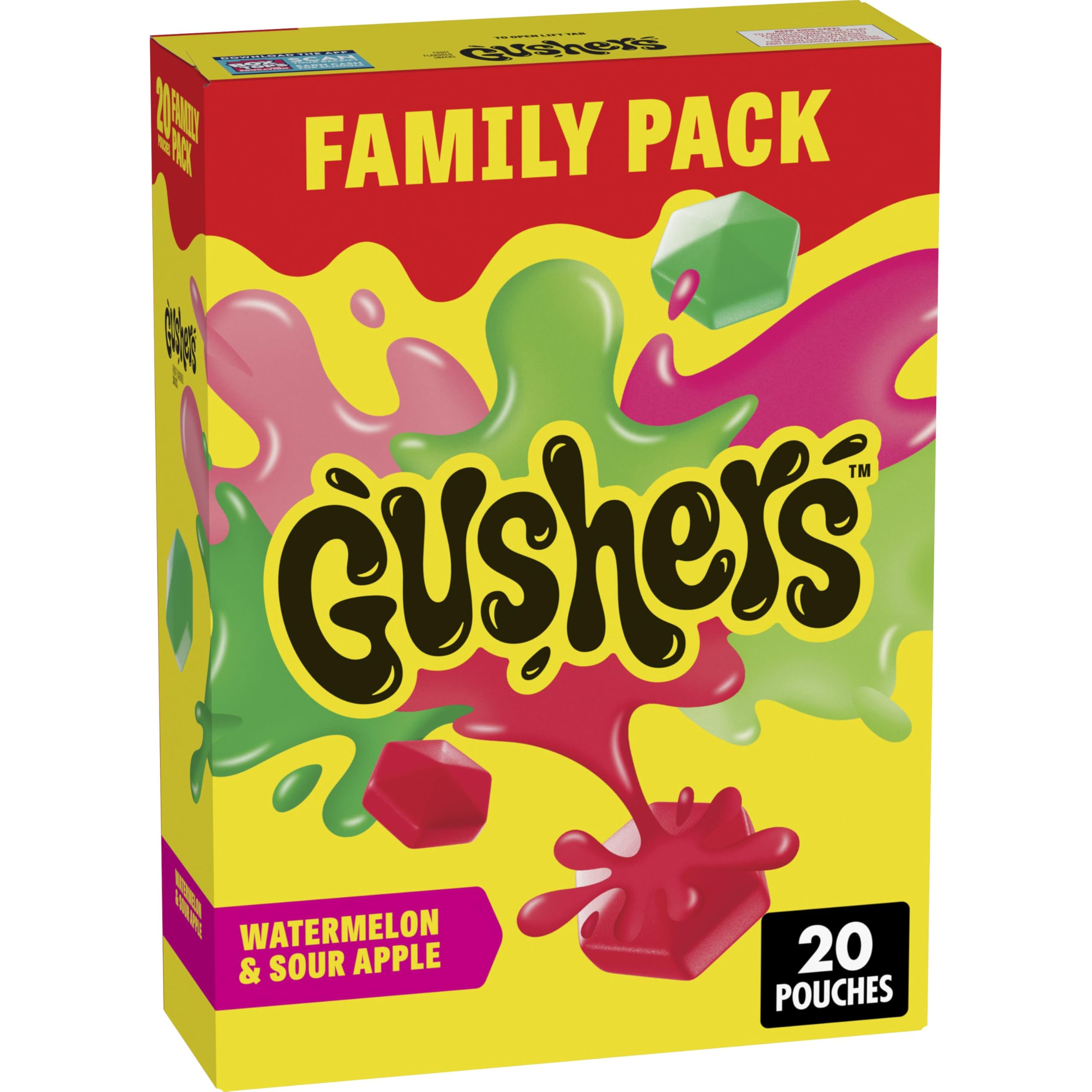 Gushers Watermelon and Sour Apple pouches in a 20-pack for lunchboxes.