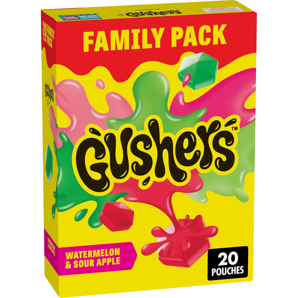 Gushers Watermelon and Sour Apple pouches in a 20-pack for lunchboxes.