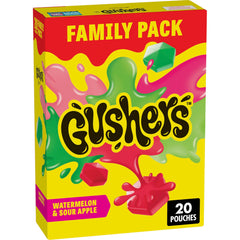 Gushers Watermelon and Sour Apple pouches in a 20-pack for lunchboxes.