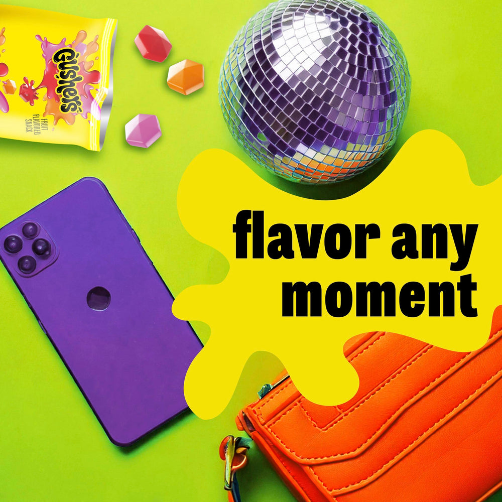 Gushers on-the-go snack pouch designed for backpacks and travel.