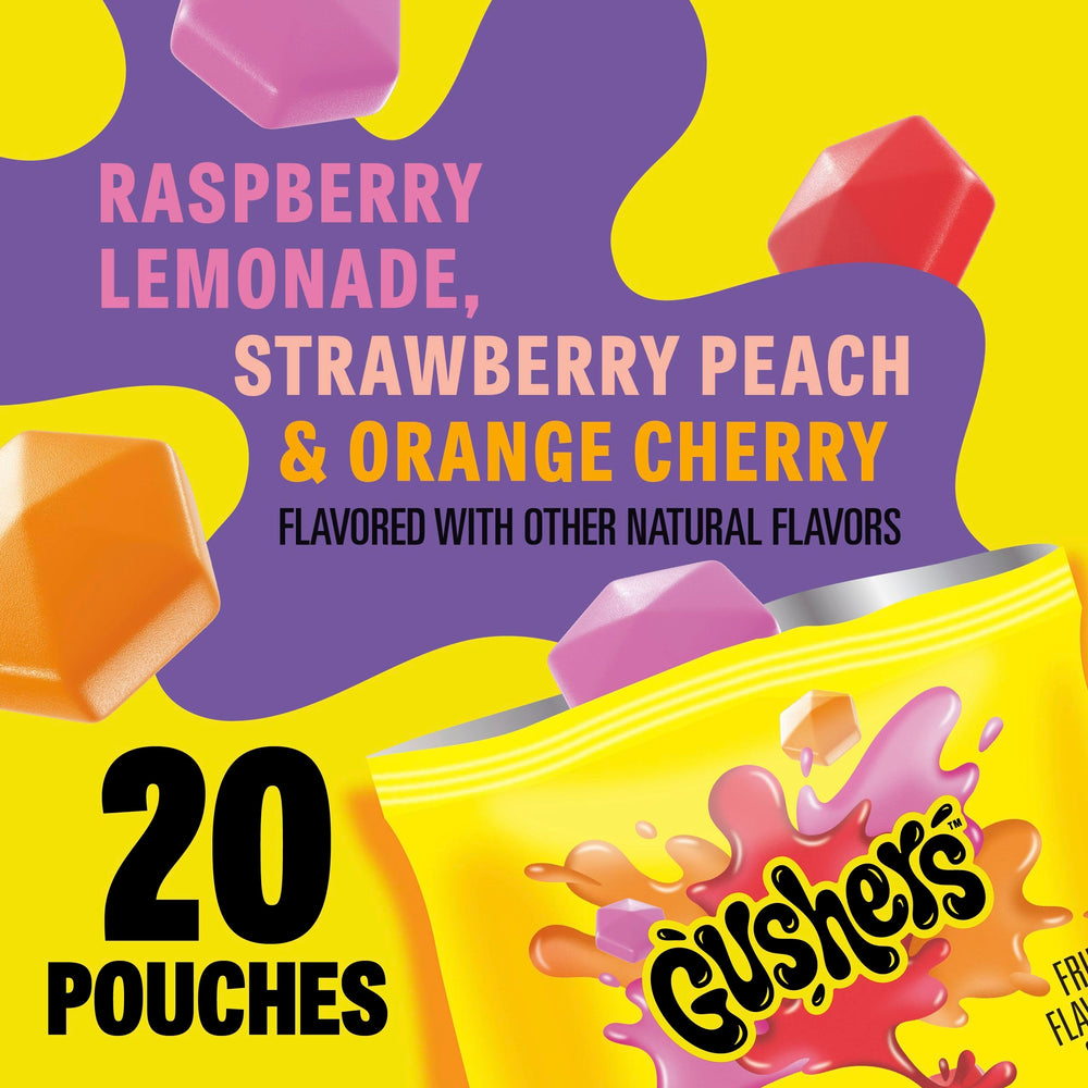 Gushers orange-cherry flavor gummies ideal for school lunches.