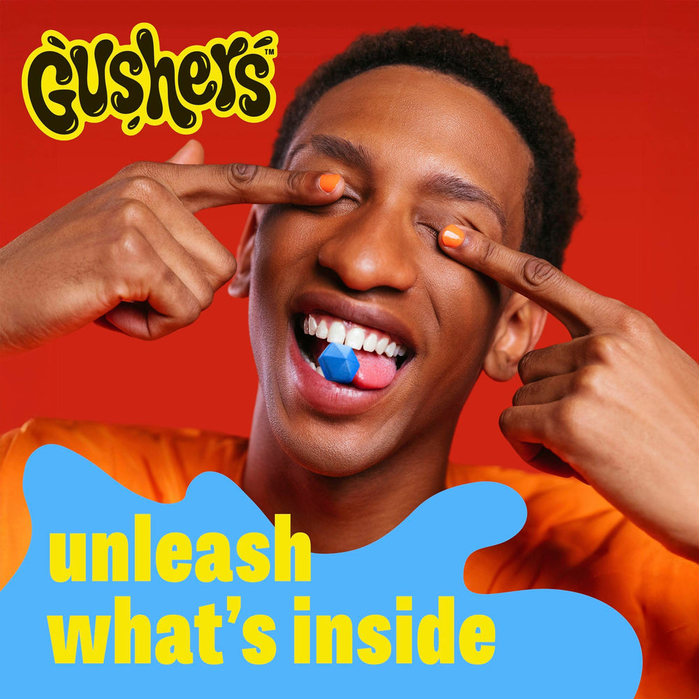Gushers family snack time, colorful packaging and pouches
