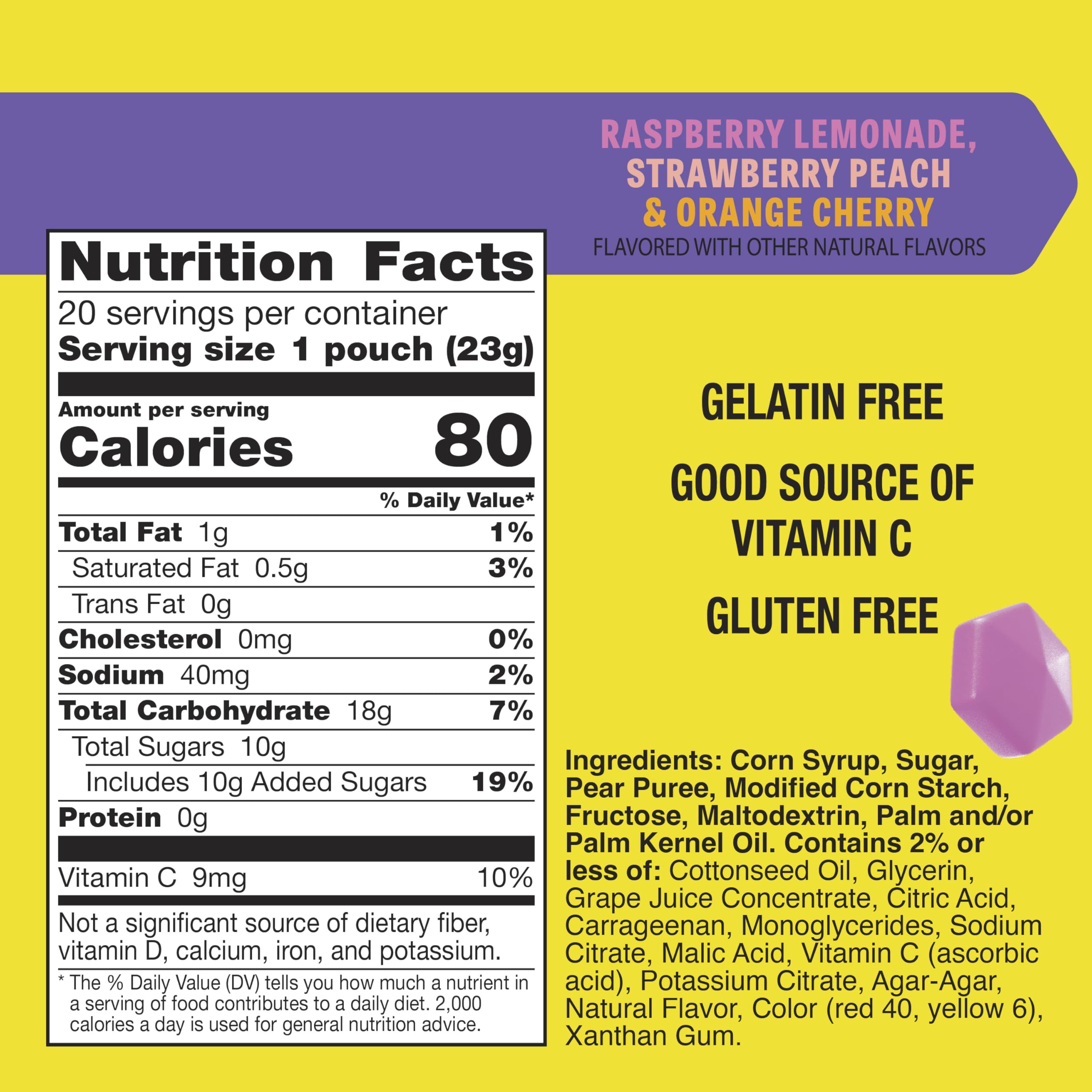 Gushers strawberry-peach fruity snacks shown in a portable pouch.
