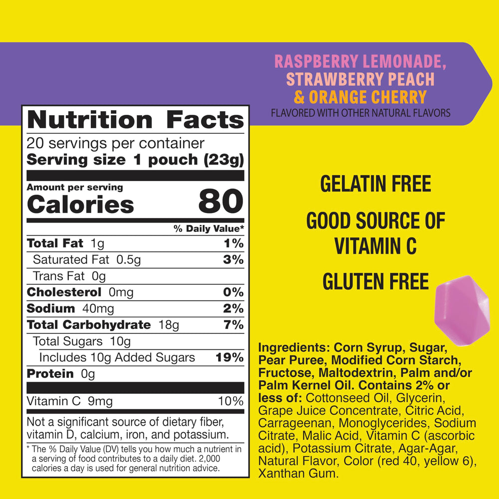 Gushers strawberry-peach fruity snacks shown in a portable pouch.