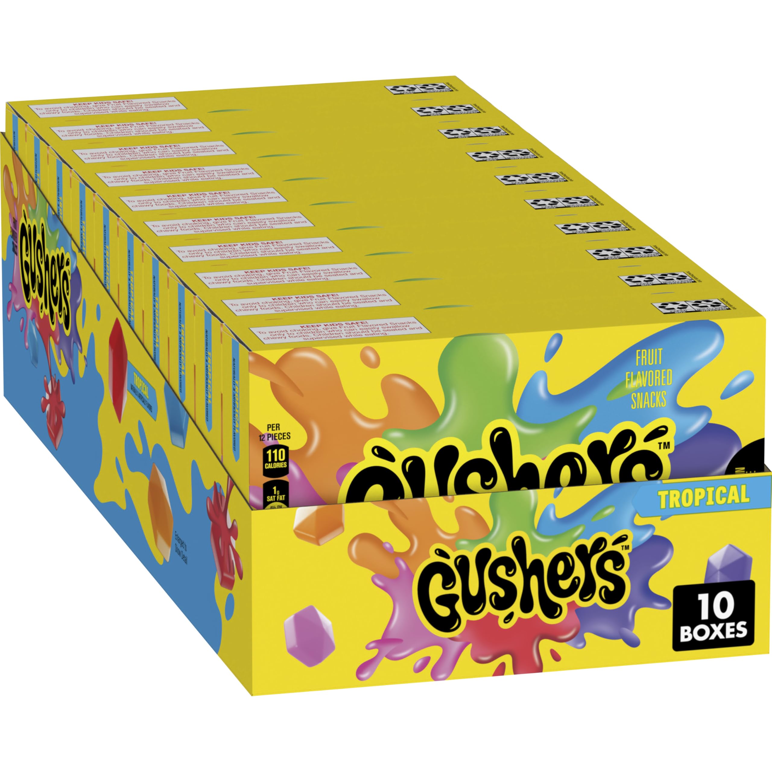 Gushers Tropical Movie Box mini pouches with a juicy center, ideal for kid-friendly snacking.