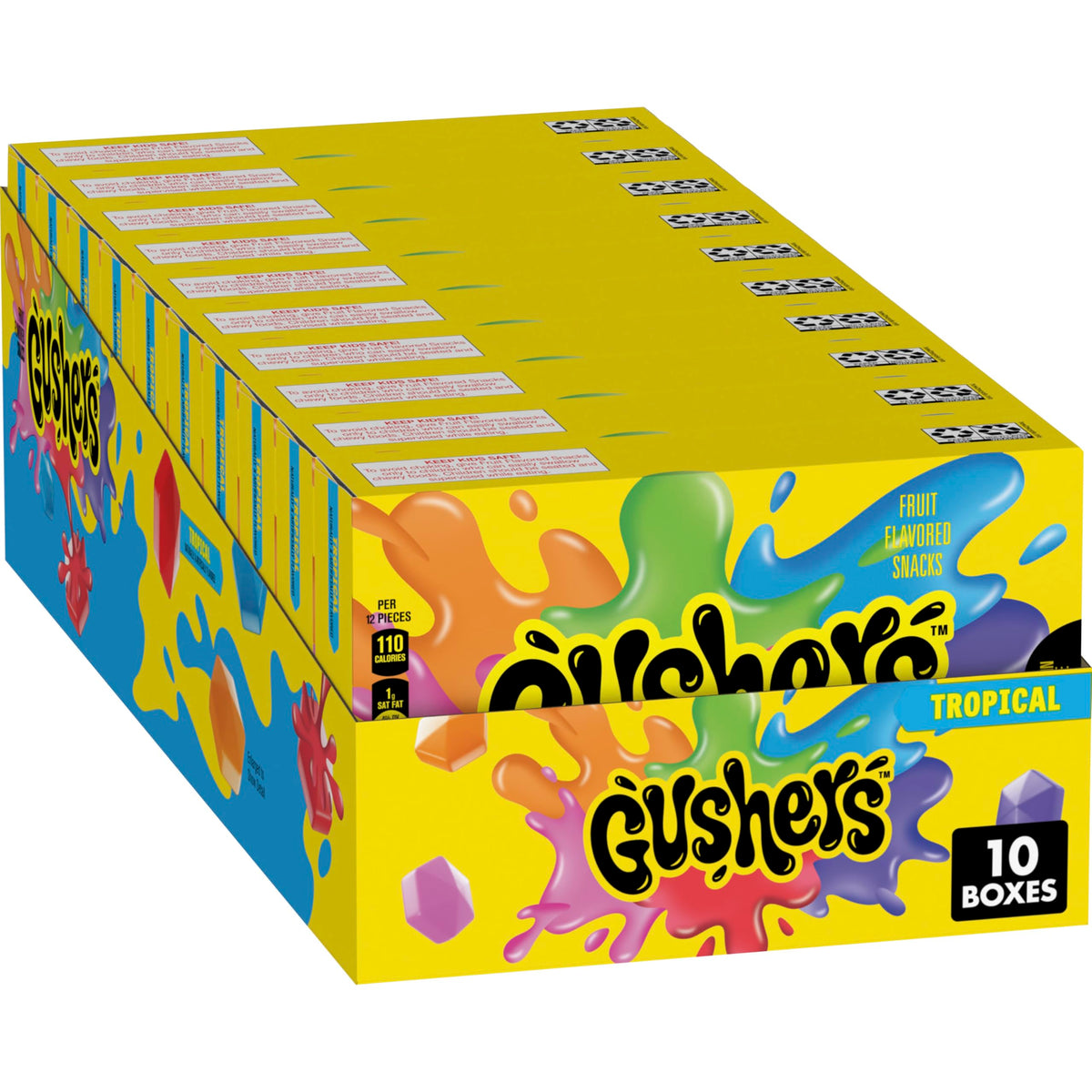 Gushers Tropical Movie Box mini pouches with a juicy center, ideal for kid-friendly snacking.