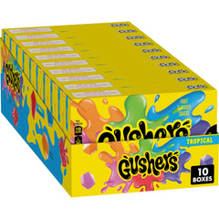 Gushers Tropical Movie Box mini pouches with a juicy center, ideal for kid-friendly snacking.