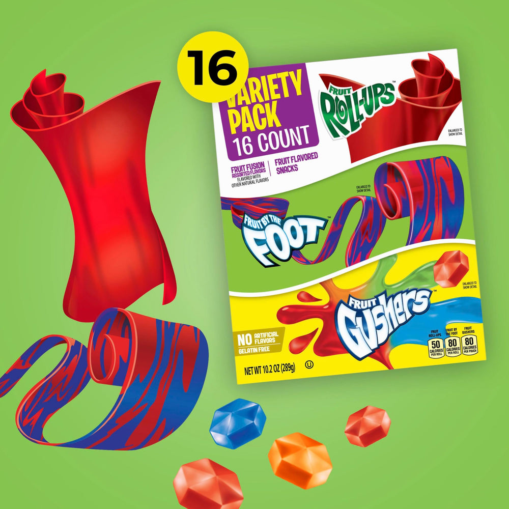 Gushers variety pack box front with colorful pouches for grab-and-go fun