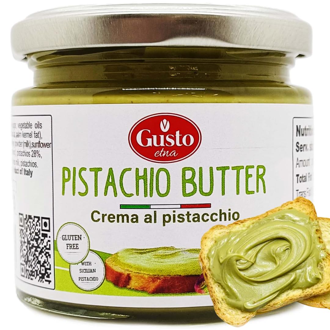 GUSTO ETNA Sicilian Pistachio Cream jar showing rich, spreadable paste for bread and desserts
