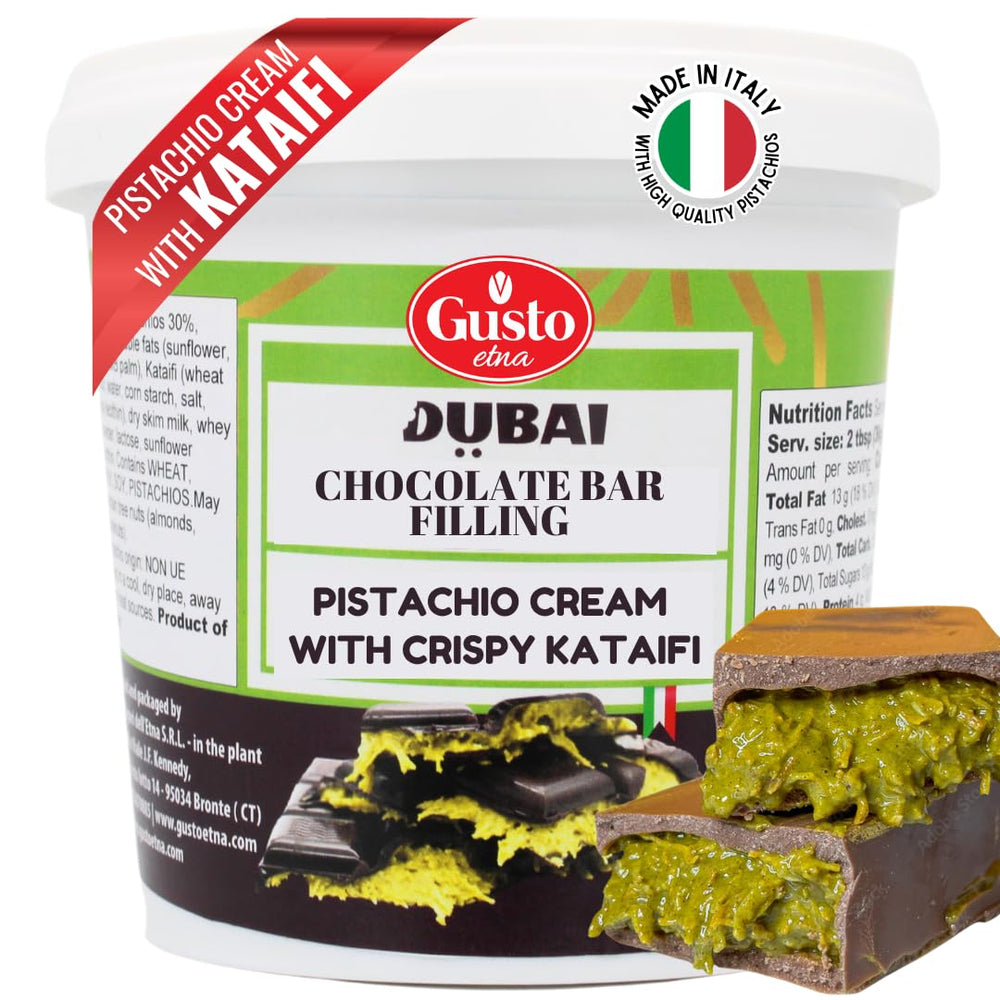 GUSTO ETNA Dubai pistachio-chocolate bar filling with crispy kataifi, luxurious dessert base.