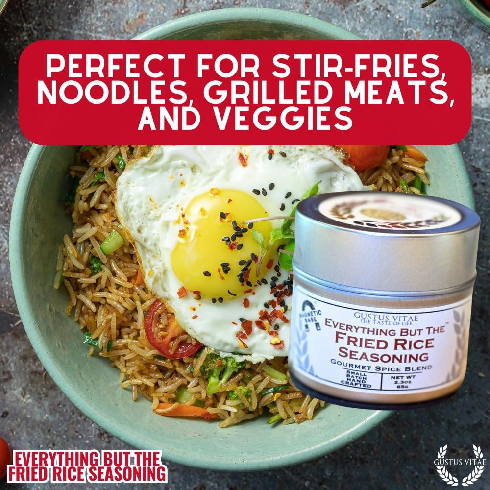 Gustus Vitae Everything But The Fried Rice Seasoning jar close-up showing premium all natural spices