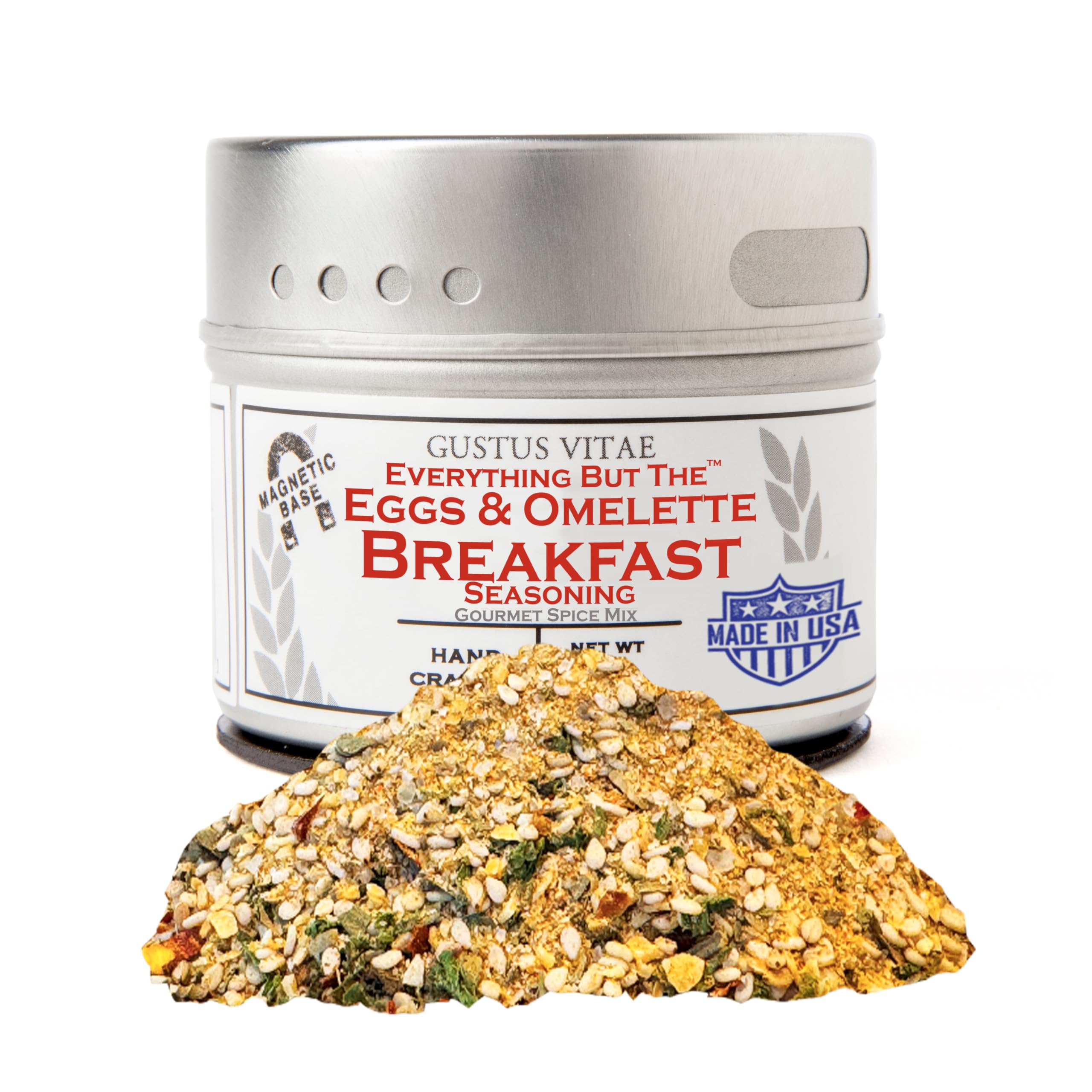 Gustus Vitae Everything But The Eggs tin on a kitchen counter, elevating breakfast with gourmet flavor
